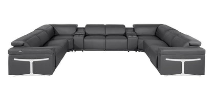 Dark Gray Italian Leather Power Reclining U Shaped Ten Piece Corner Sectional With Console - FurniFindUSA