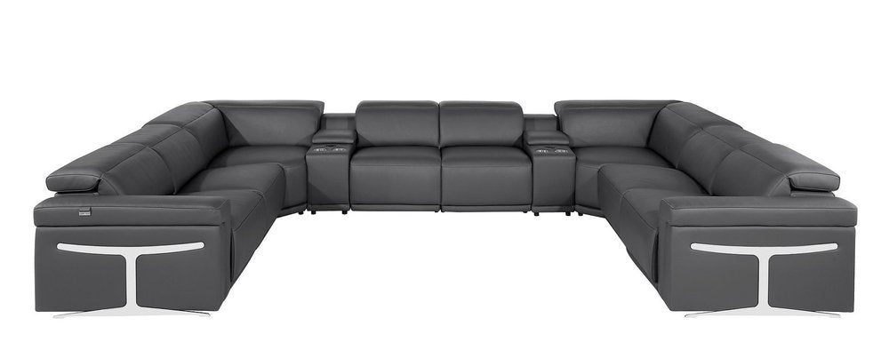 Dark Gray Italian Leather Power Reclining U Shaped Ten Piece Corner Sectional With Console HomeRoots
