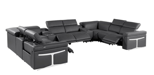 Dark Gray Italian Leather Power Reclining U Shaped Ten Piece Corner Sectional With Console HomeRoots