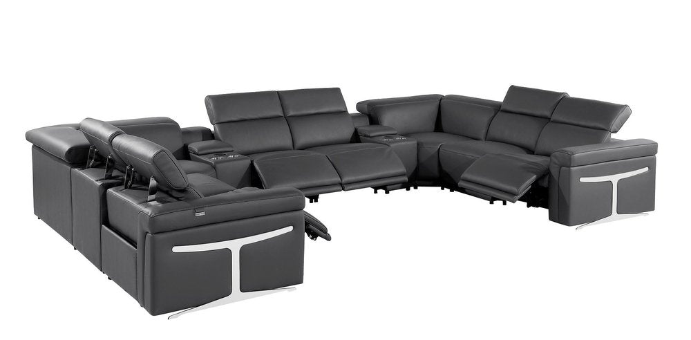 Dark Gray Italian Leather Power Reclining U Shaped Ten Piece Corner Sectional With Console HomeRoots