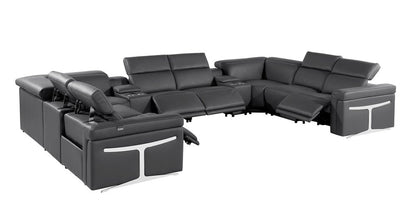 Dark Gray Italian Leather Power Reclining U Shaped Ten Piece Corner Sectional With Console - FurniFindUSA