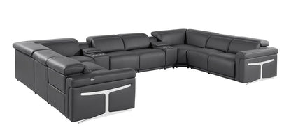 Dark Gray Italian Leather Power Reclining U Shaped Ten Piece Corner Sectional With Console - FurniFindUSA