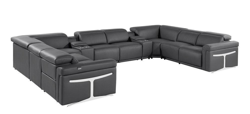 Dark Gray Italian Leather Power Reclining U Shaped Ten Piece Corner Sectional With Console HomeRoots