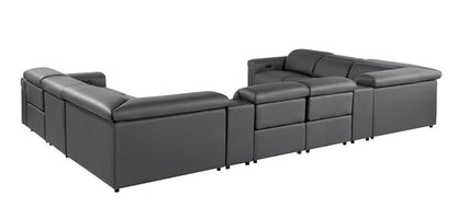Dark Gray Italian Leather Power Reclining U Shaped Ten Piece Corner Sectional With Console - FurniFindUSA