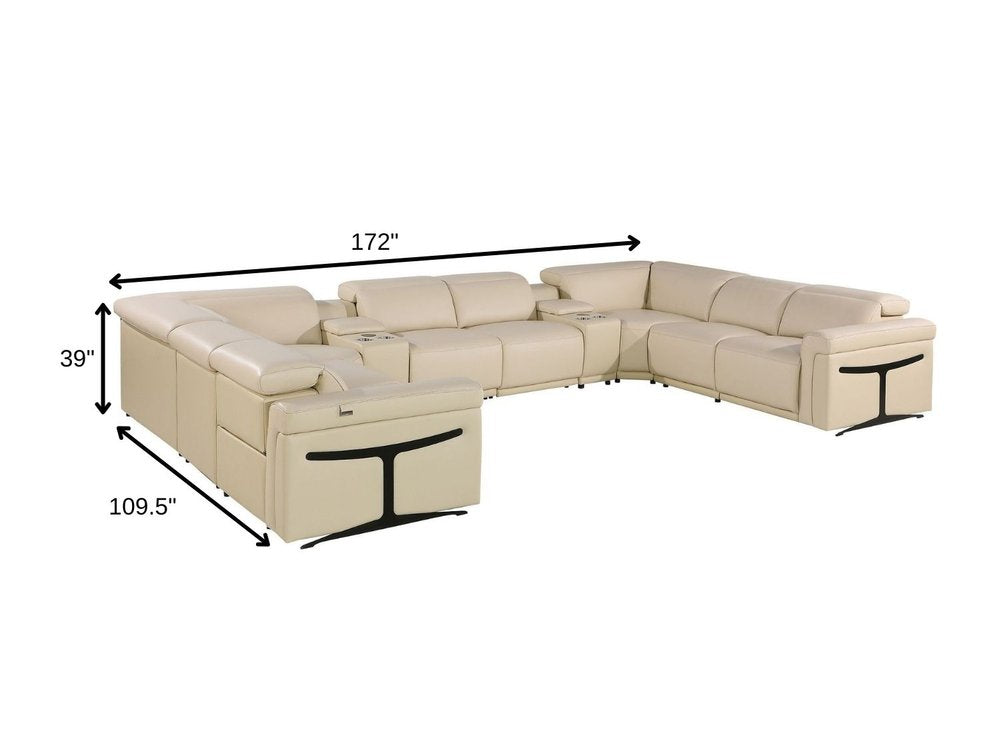 Beige Italian Leather Power Reclining U Shaped Ten Piece Corner Sectional With Console HomeRoots