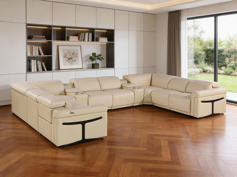 Beige Italian Leather Power Reclining U Shaped Ten Piece Corner Sectional With Console HomeRoots