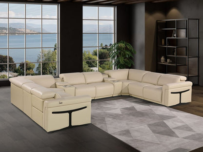 Beige Italian Leather Power Reclining U Shaped Ten Piece Corner Sectional With Console - FurniFindUSA
