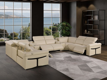 Beige Italian Leather Power Reclining U Shaped Ten Piece Corner Sectional With Console - FurniFindUSA
