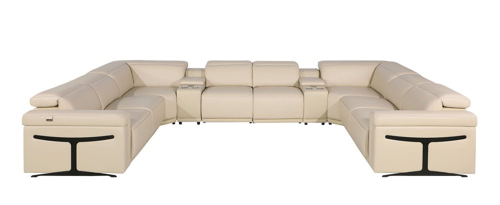 Beige Italian Leather Power Reclining U Shaped Ten Piece Corner Sectional With Console HomeRoots