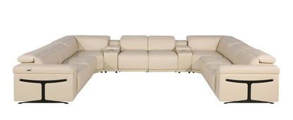 Beige Italian Leather Power Reclining U Shaped Ten Piece Corner Sectional With Console HomeRoots