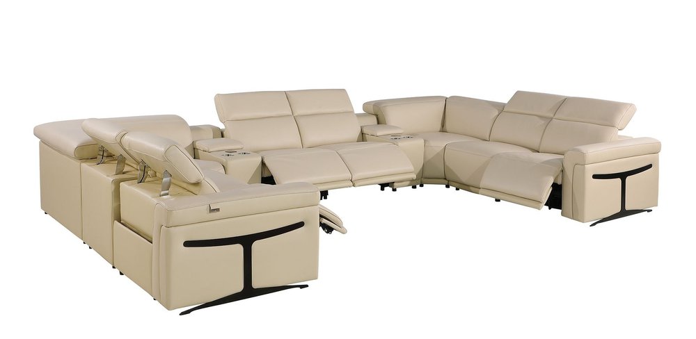 Beige Italian Leather Power Reclining U Shaped Ten Piece Corner Sectional With Console HomeRoots