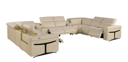 Beige Italian Leather Power Reclining U Shaped Ten Piece Corner Sectional With Console HomeRoots