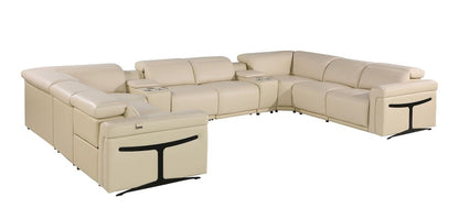 Beige Italian Leather Power Reclining U Shaped Ten Piece Corner Sectional With Console HomeRoots