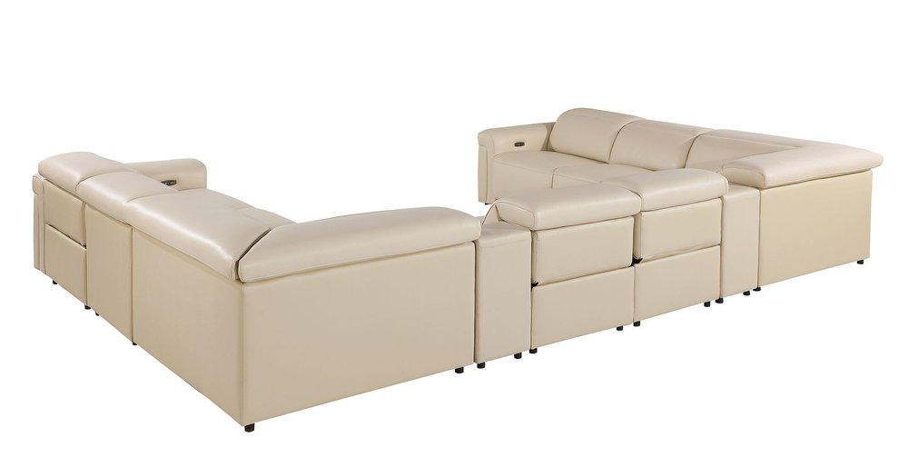 Beige Italian Leather Power Reclining U Shaped Ten Piece Corner Sectional With Console HomeRoots