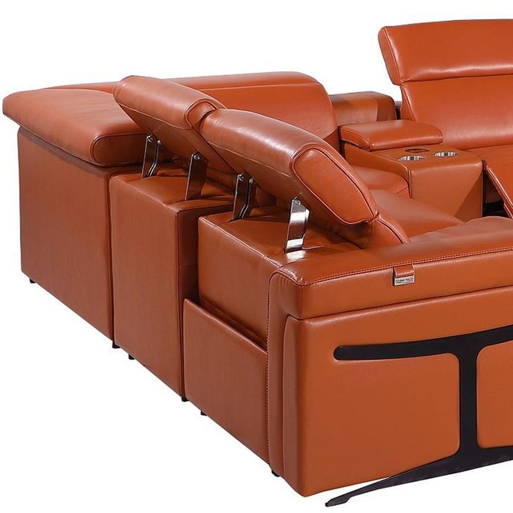 Camel Italian Leather Power Reclining U Shaped Ten Piece Corner Sectional With Console HomeRoots