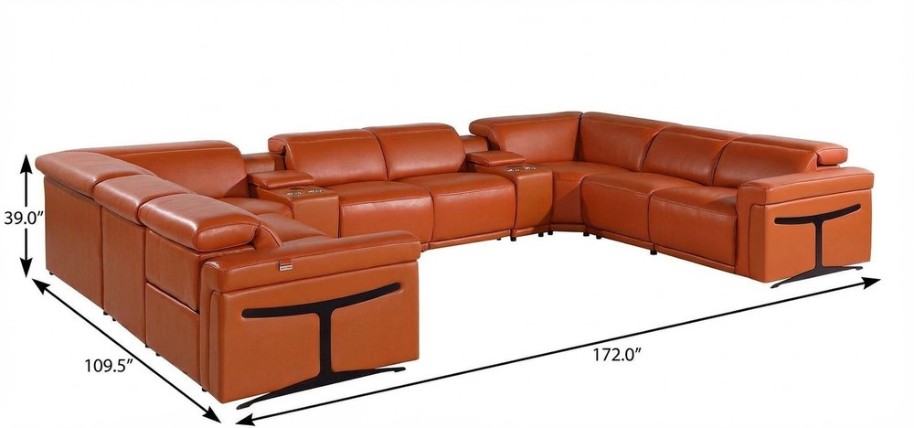 Camel Italian Leather Power Reclining U Shaped Ten Piece Corner Sectional With Console HomeRoots