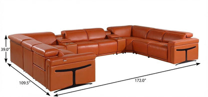Camel Italian Leather Power Reclining U Shaped Ten Piece Corner Sectional With Console HomeRoots