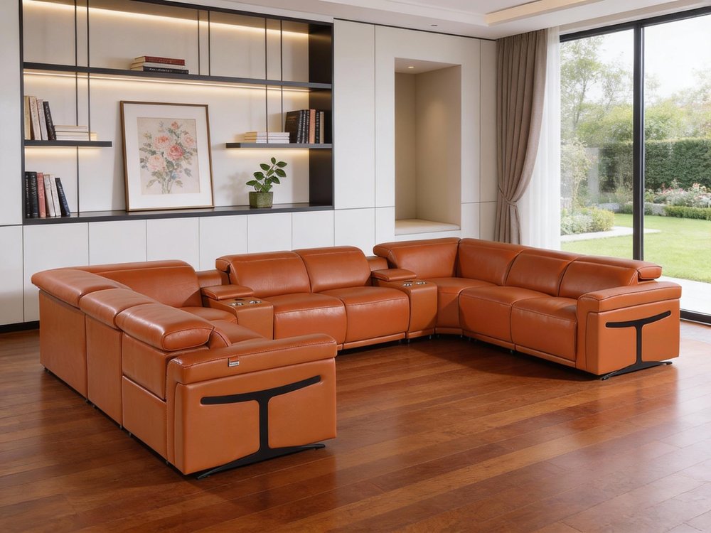 Camel Italian Leather Power Reclining U Shaped Ten Piece Corner Sectional With Console HomeRoots