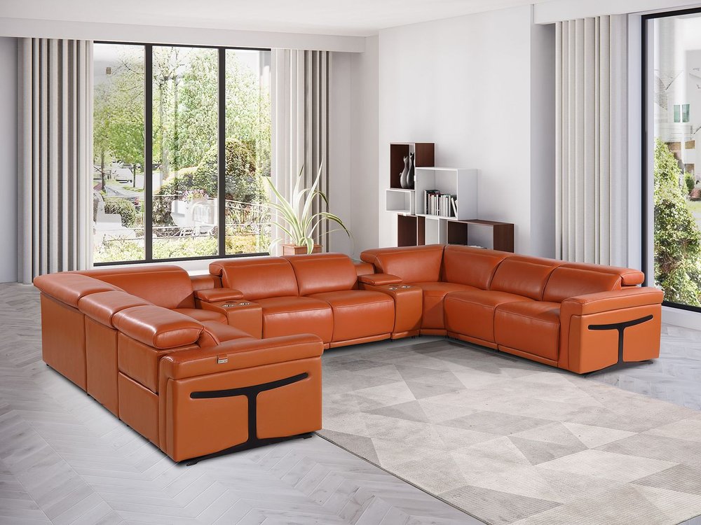 Camel Italian Leather Power Reclining U Shaped Ten Piece Corner Sectional With Console HomeRoots