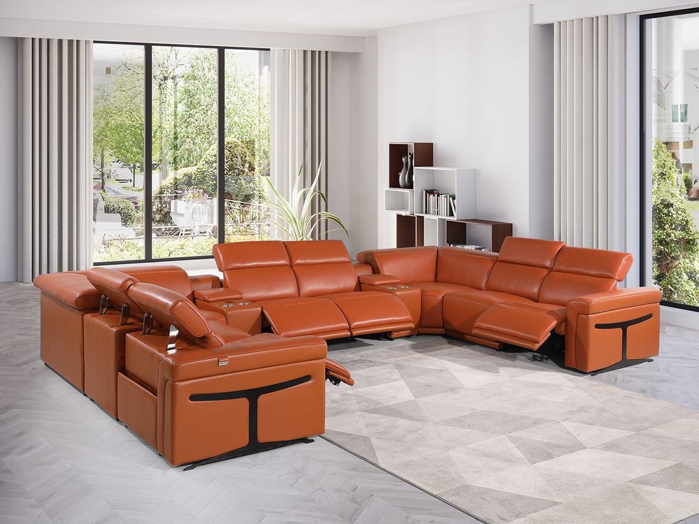 Camel Italian Leather Power Reclining U Shaped Ten Piece Corner Sectional With Console HomeRoots