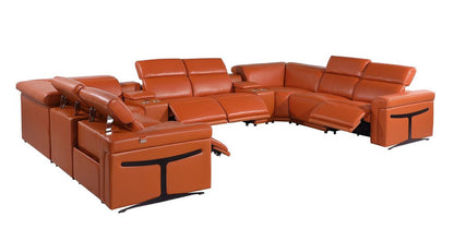 Camel Italian Leather Power Reclining U Shaped Ten Piece Corner Sectional With Console HomeRoots