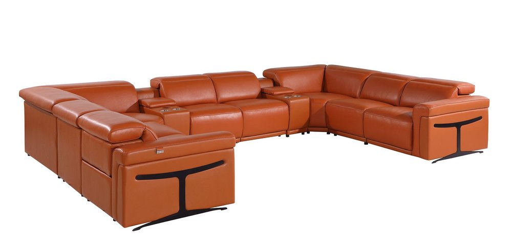 Camel Italian Leather Power Reclining U Shaped Ten Piece Corner Sectional With Console HomeRoots