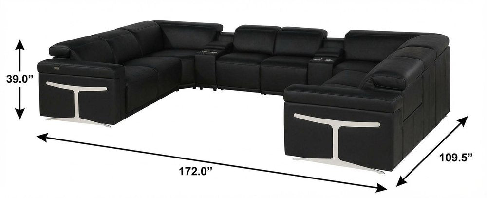 Black Italian Leather Power Reclining U Shaped Ten Piece Corner Sectional With Console HomeRoots