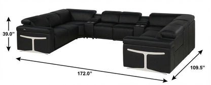 Black Italian Leather Power Reclining U Shaped Ten Piece Corner Sectional With Console HomeRoots