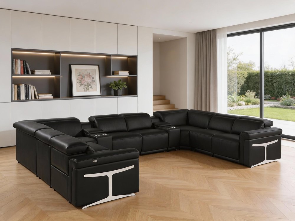 Black Italian Leather Power Reclining U Shaped Ten Piece Corner Sectional With Console HomeRoots