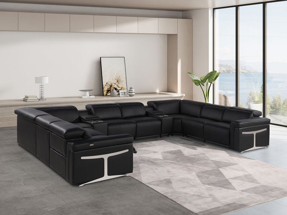 Black Italian Leather Power Reclining U Shaped Ten Piece Corner Sectional With Console HomeRoots