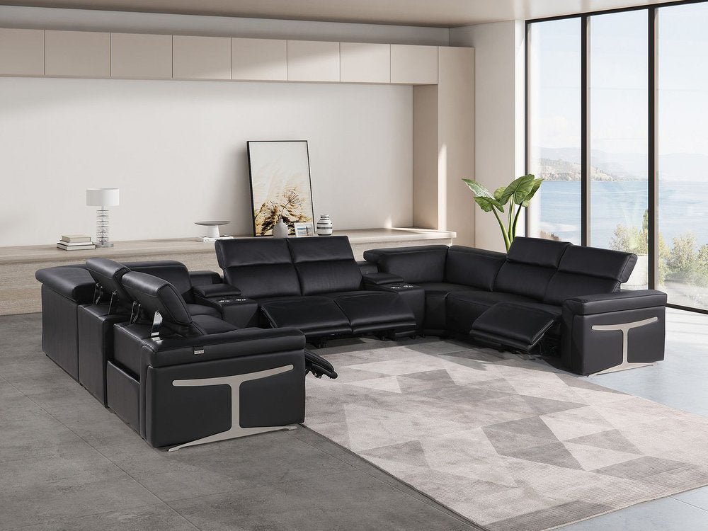 Black Italian Leather Power Reclining U Shaped Ten Piece Corner Sectional With Console HomeRoots