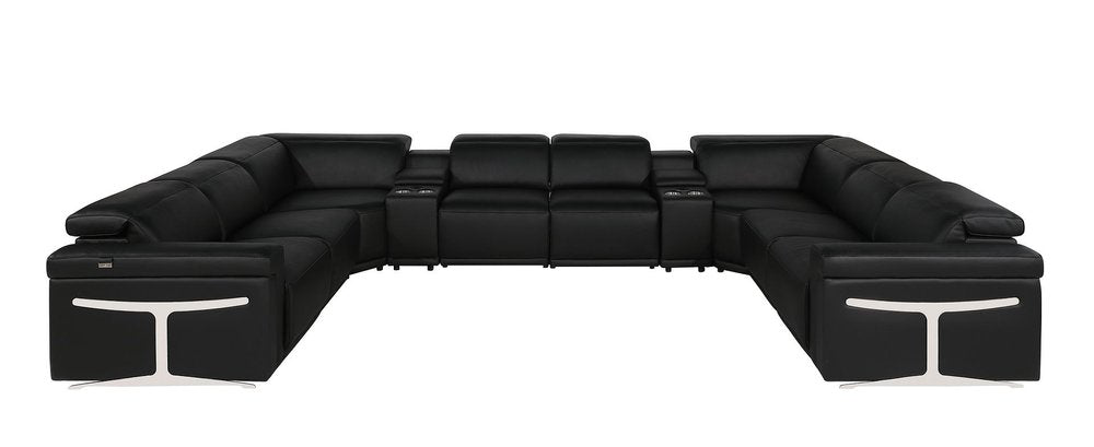 Black Italian Leather Power Reclining U Shaped Ten Piece Corner Sectional With Console HomeRoots