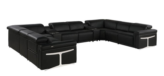 Black Italian Leather Power Reclining U Shaped Ten Piece Corner Sectional With Console HomeRoots