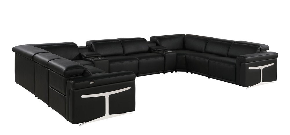 Black Italian Leather Power Reclining U Shaped Ten Piece Corner Sectional With Console HomeRoots