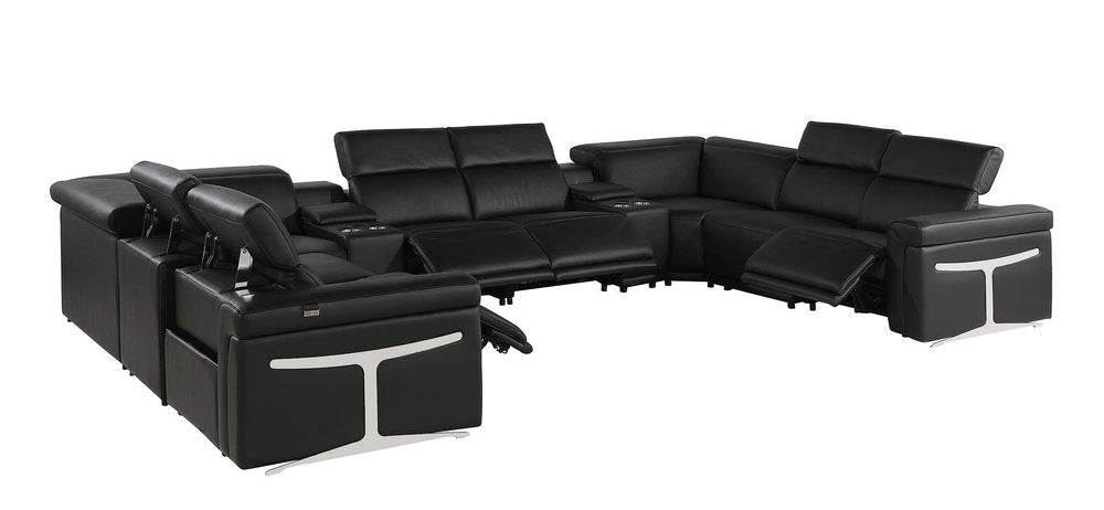Black Italian Leather Power Reclining U Shaped Ten Piece Corner Sectional With Console HomeRoots