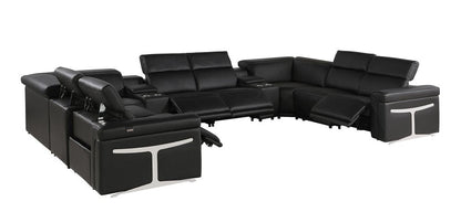 Black Italian Leather Power Reclining U Shaped Ten Piece Corner Sectional With Console HomeRoots