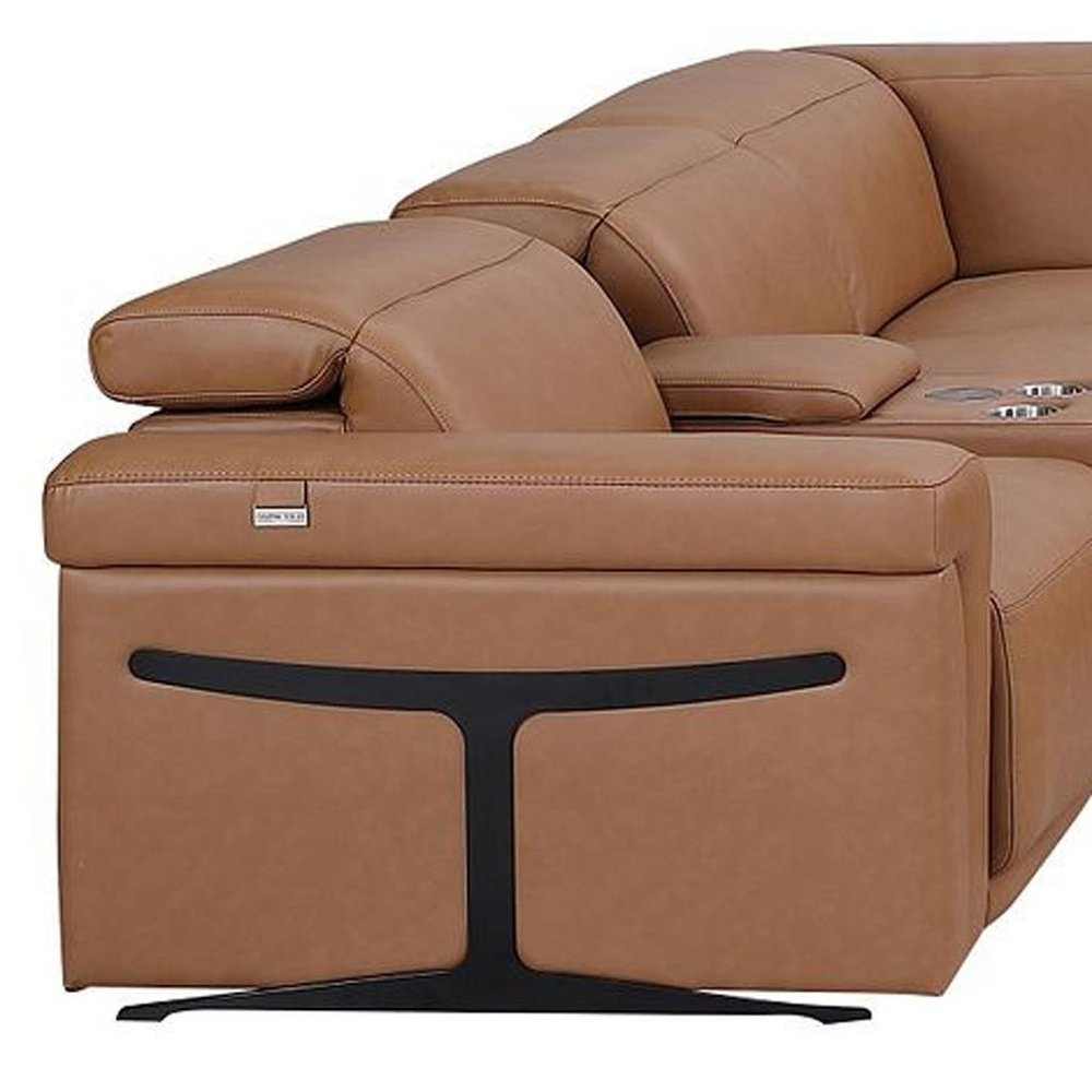 Chestnut Italian Leather Power Reclining U Shaped Ten Piece Corner Sectional With Console HomeRoots