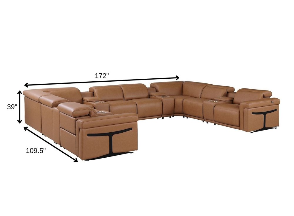 Chestnut Italian Leather Power Reclining U Shaped Ten Piece Corner Sectional With Console HomeRoots