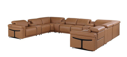 Chestnut Italian Leather Power Reclining U Shaped Ten Piece Corner Sectional With Console HomeRoots