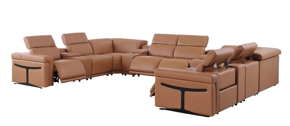 Chestnut Italian Leather Power Reclining U Shaped Ten Piece Corner Sectional With Console HomeRoots