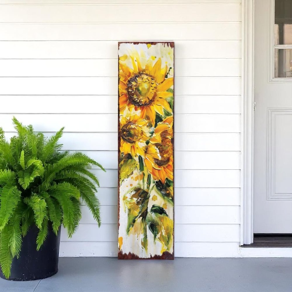 36" Brown Green And Yellow Solid Wood Sunflowers Porch Sign HomeRoots