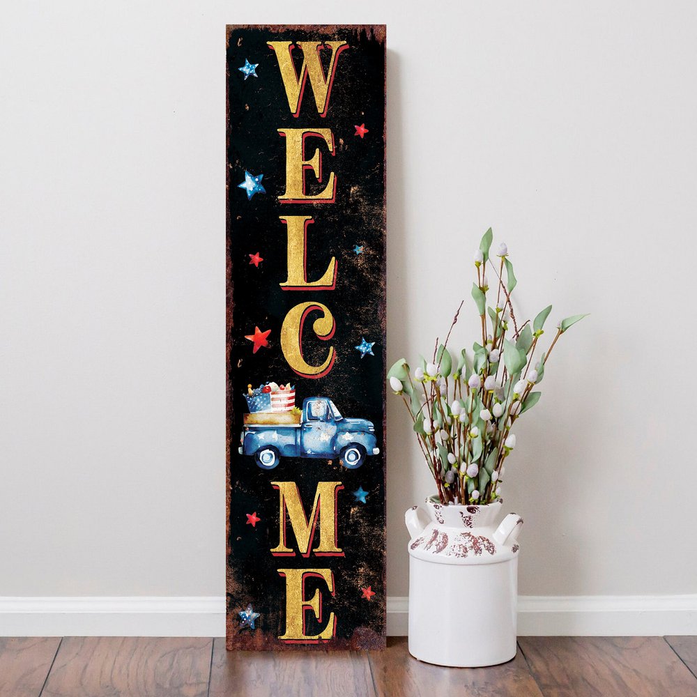36" Blue Red And White Solid Wood Patriotic Welcome Reversible Porch Sign HomeRoots