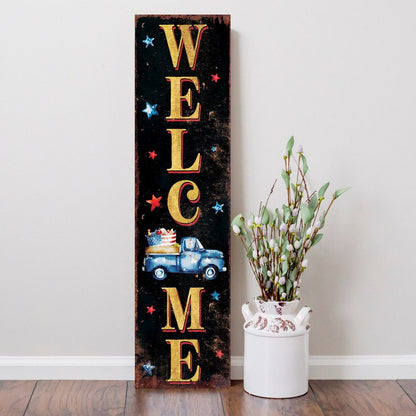 36" Blue Red And White Solid Wood Patriotic Welcome Reversible Porch Sign HomeRoots