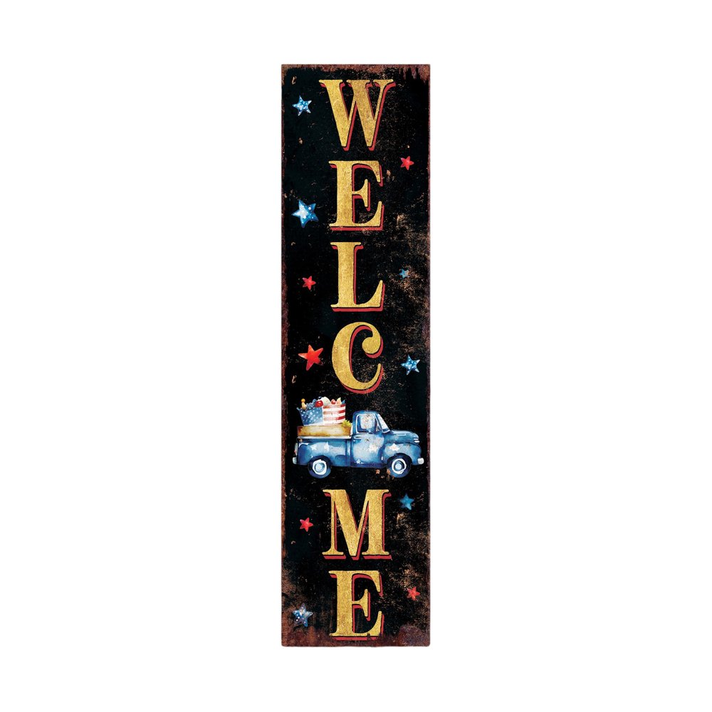 36" Blue Red And White Solid Wood Patriotic Welcome Reversible Porch Sign HomeRoots