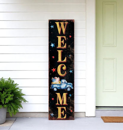36" Blue Red And White Solid Wood Patriotic Welcome Reversible Porch Sign HomeRoots