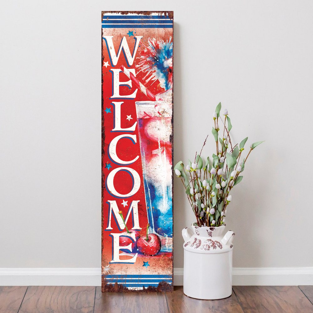 36" Red White And Blue Solid Wood Welcome Patriotic Reversible Porch Sign HomeRoots
