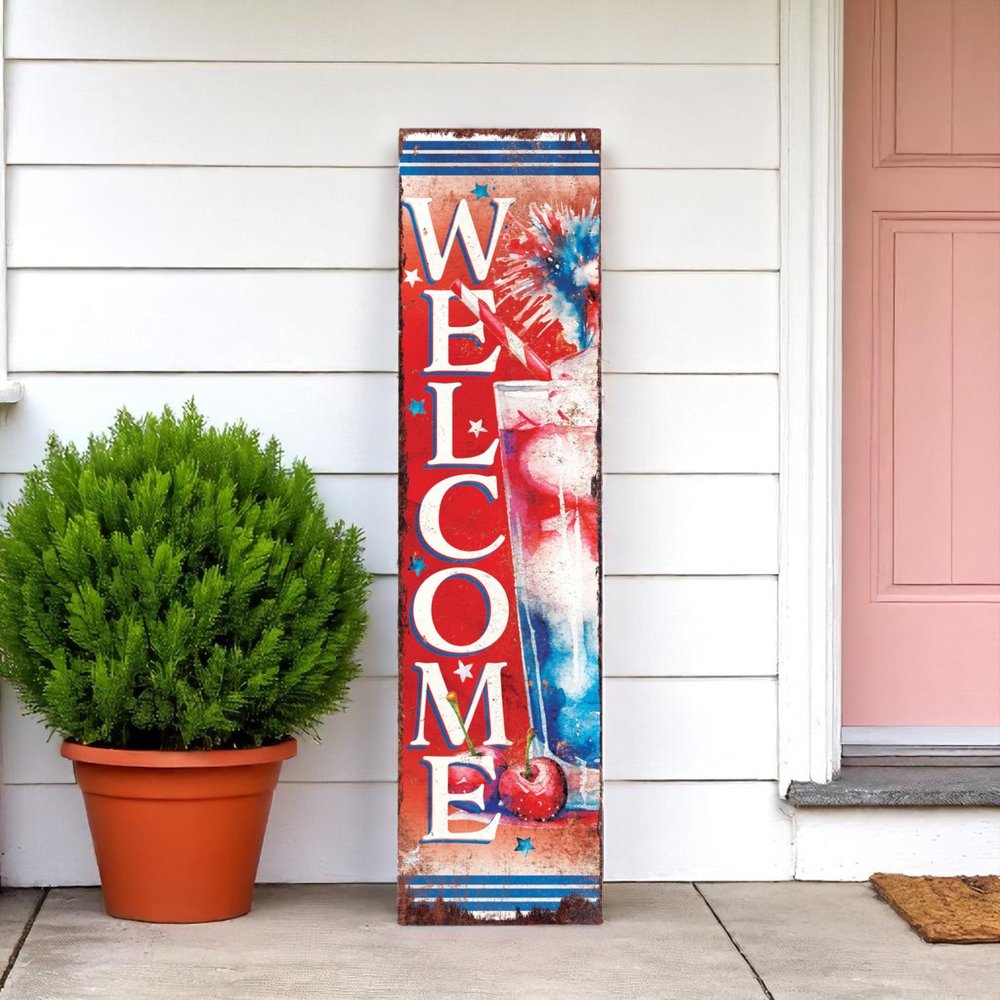 36" Red White And Blue Solid Wood Welcome Patriotic Reversible Porch Sign HomeRoots