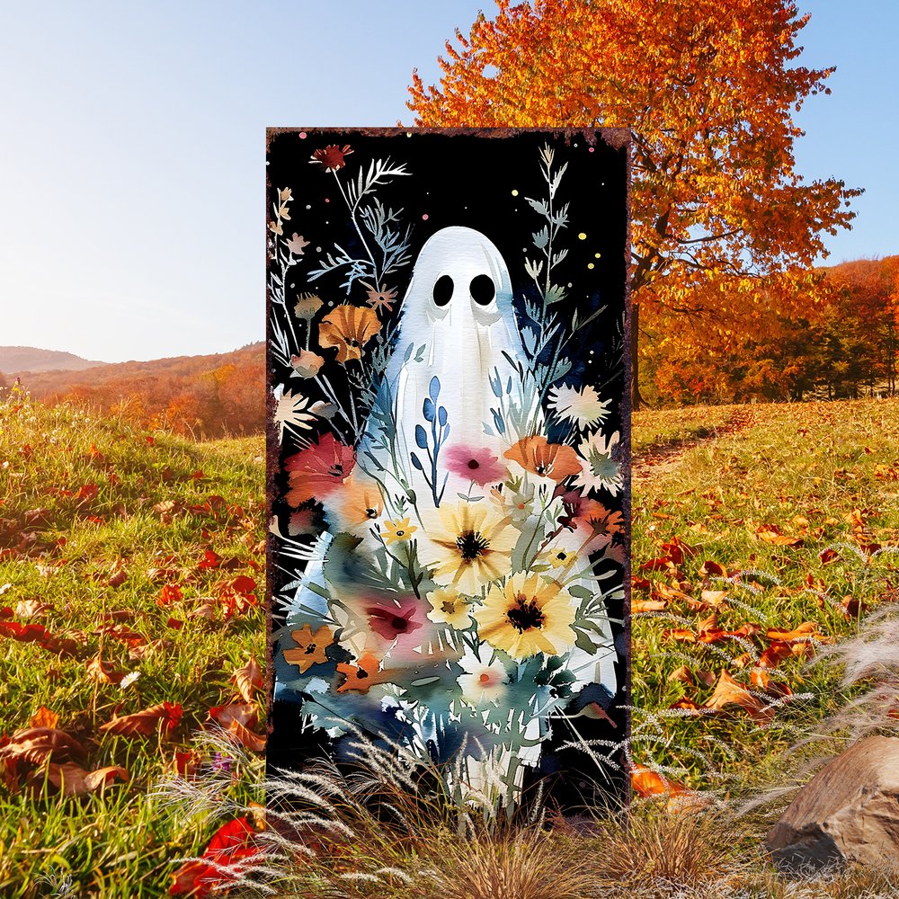 10" Black Orange Blue And Yellow Solid Wood Wildflowers Halloween Ghost Garden Stake HomeRoots