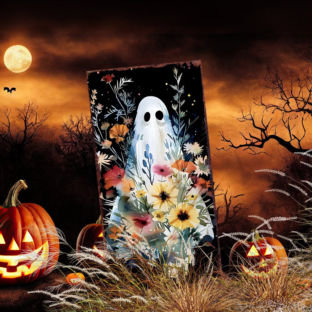 10" Black Orange Blue And Yellow Solid Wood Wildflowers Halloween Ghost Garden Stake HomeRoots