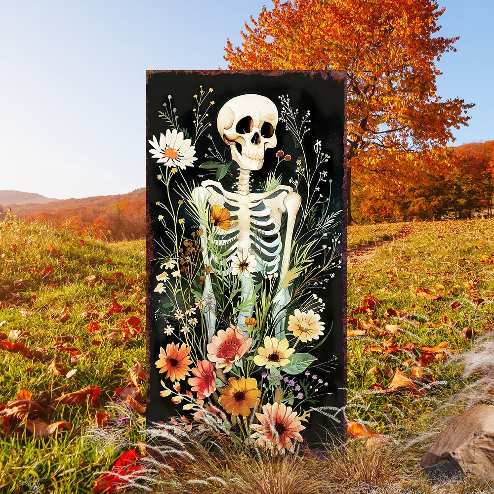 10" Black White Yellow And Green Solid Wood Daisies Halloween Skeleton Garden Stake HomeRoots